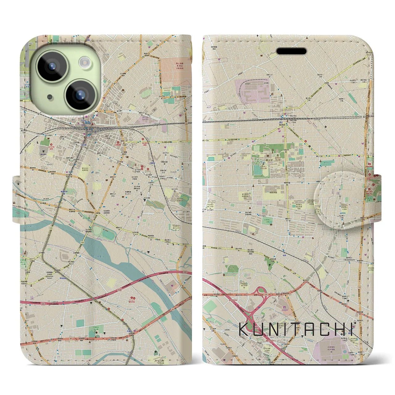 【国立(東京都)】地図柄iPhoneケース(手帳タイプ)ナチュラル・iPhone 15 用