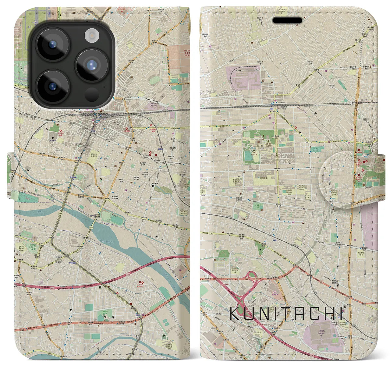 【国立(東京都)】地図柄iPhoneケース(手帳タイプ)ナチュラル・iPhone 15 Pro Max 用
