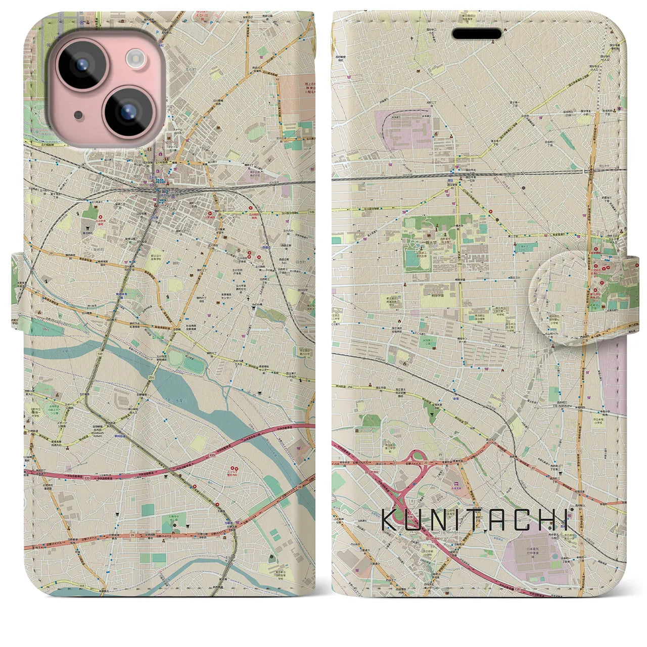 【国立(東京都)】地図柄iPhoneケース(手帳タイプ)ナチュラル・iPhone 15 Plus 用