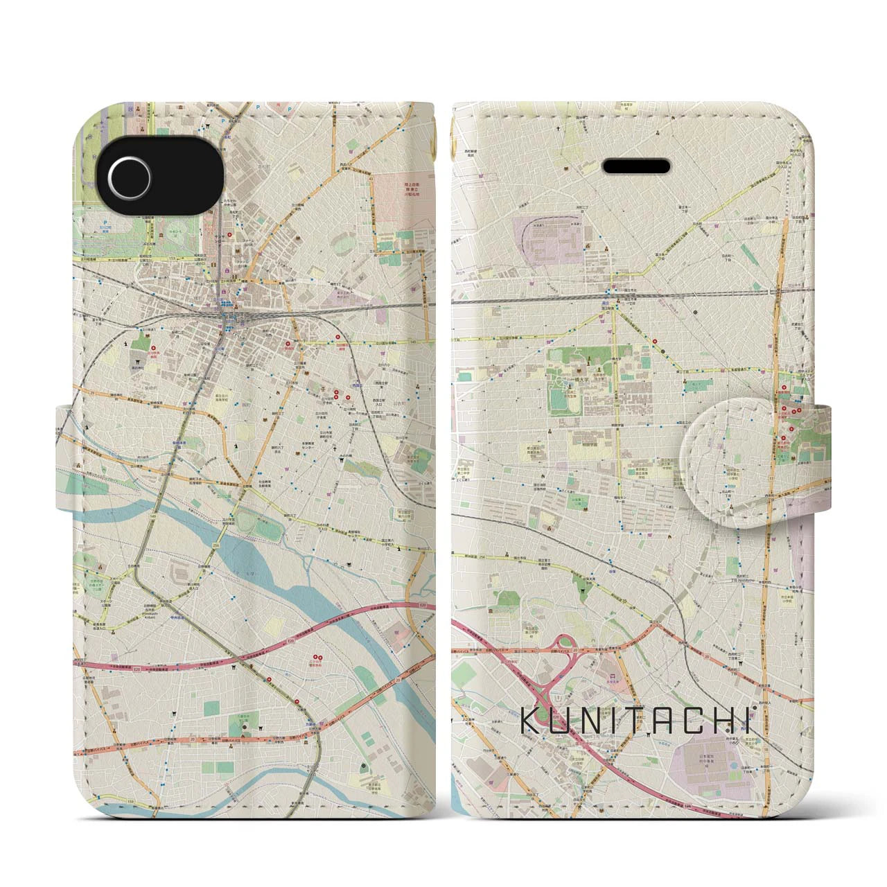 【国立(東京都)】地図柄iPhoneケース(手帳タイプ)ナチュラル・iPhone SE(第3 / 第2世代) / 8 / 7 / 6s / 6 用