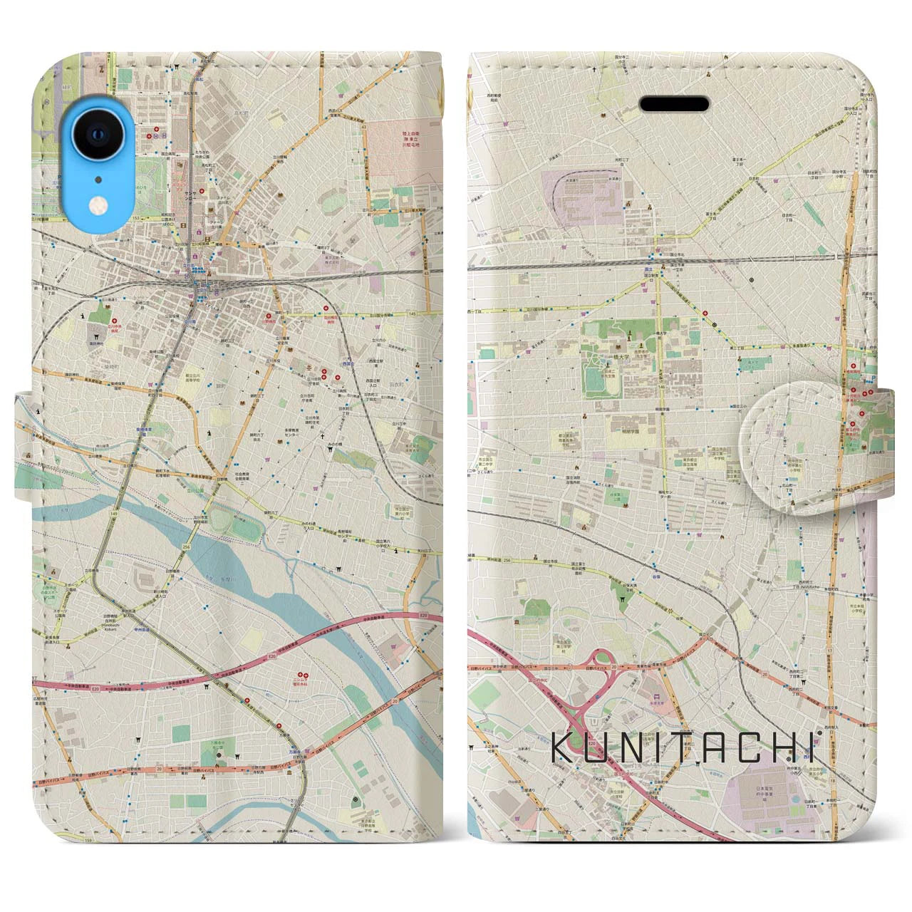 【国立(東京都)】地図柄iPhoneケース(手帳タイプ)ナチュラル・iPhone XR 用