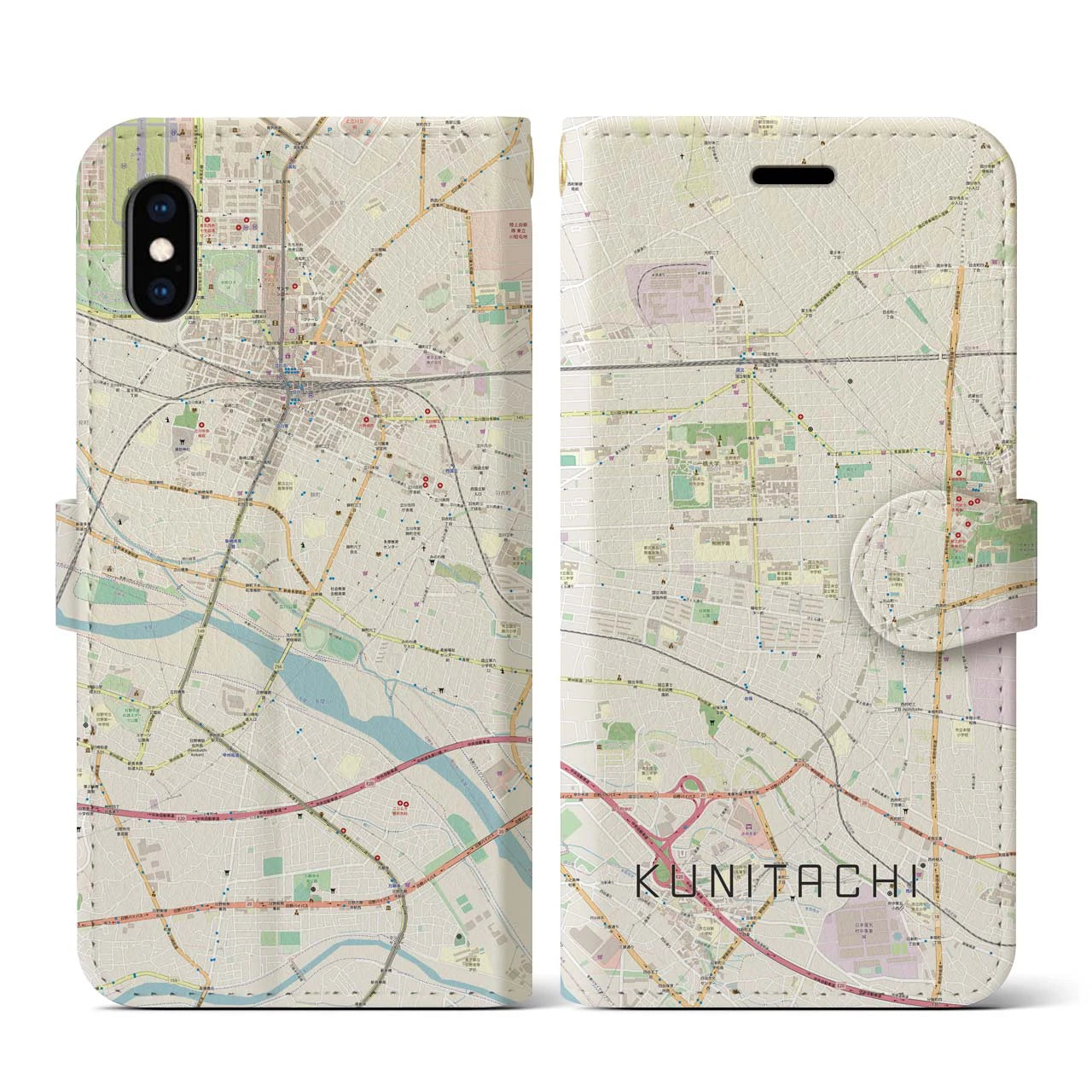 【国立(東京都)】地図柄iPhoneケース(手帳タイプ)ナチュラル・iPhone XS / X 用