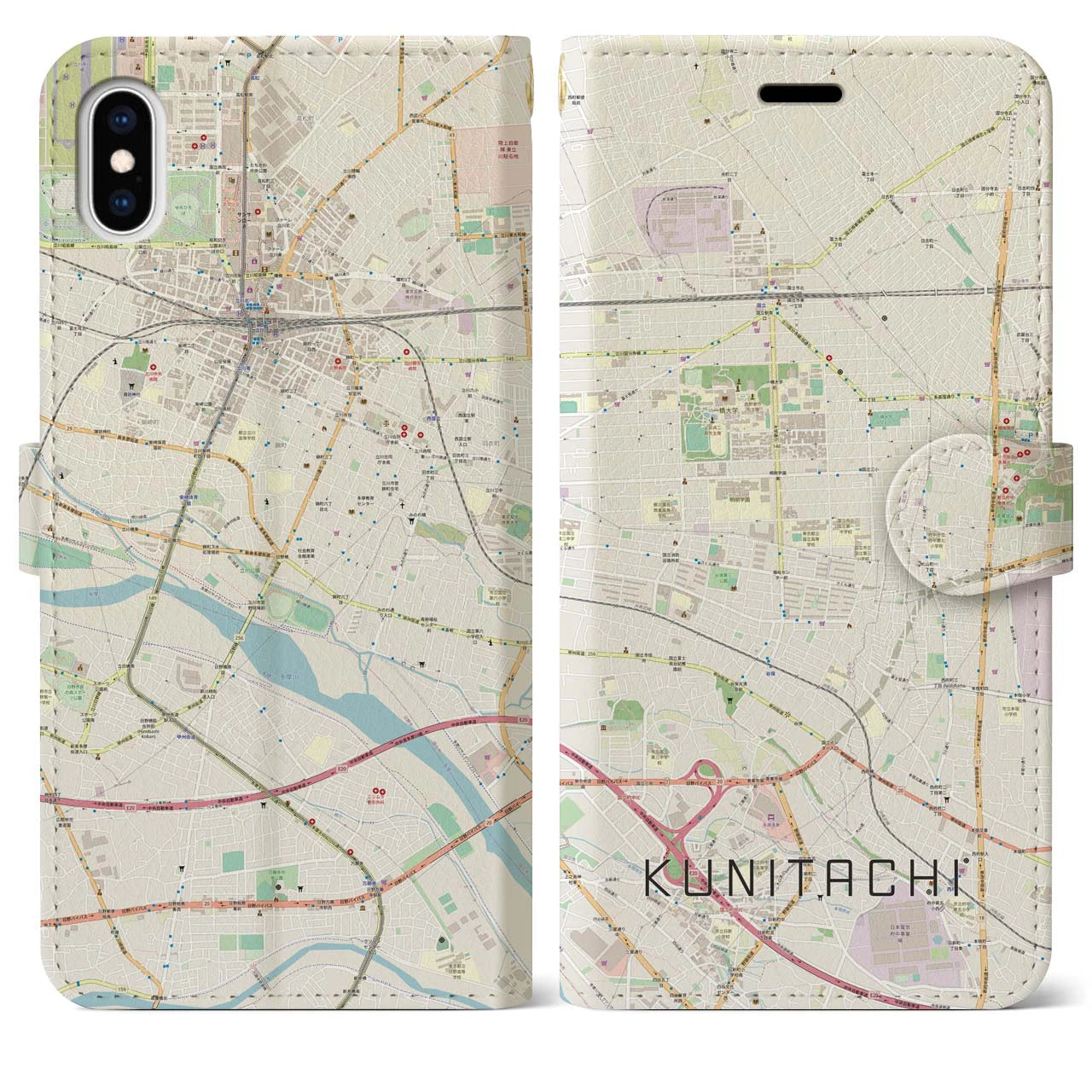 【国立(東京都)】地図柄iPhoneケース(手帳タイプ)ナチュラル・iPhone XS Max 用