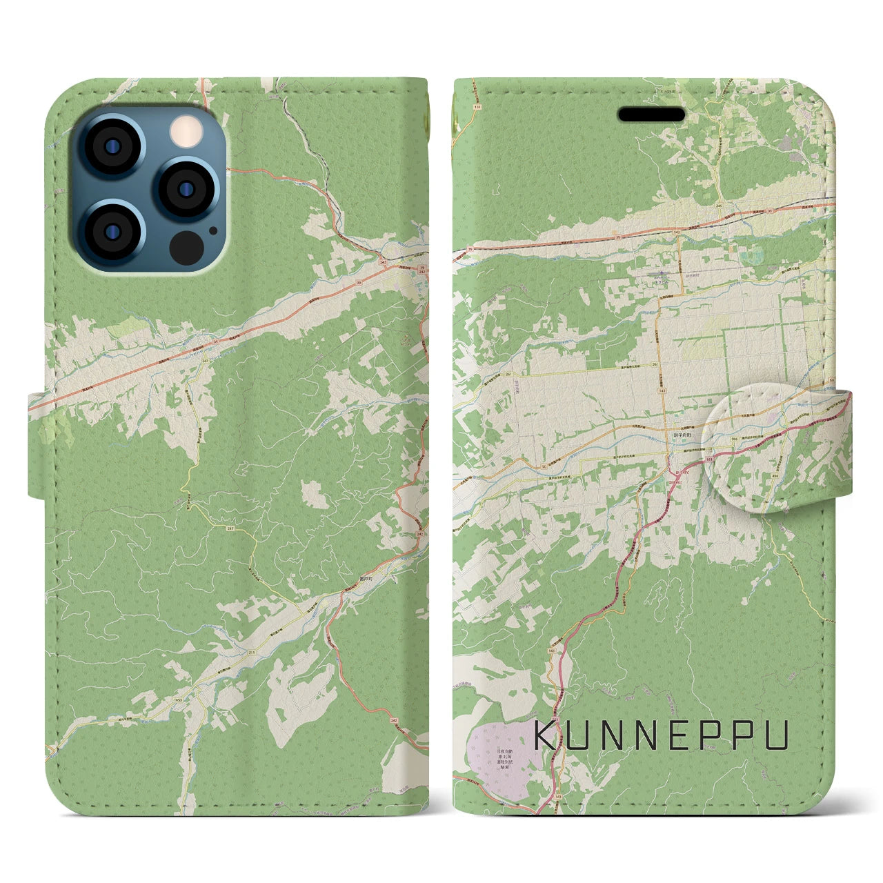 【訓子府(北海道)】地図柄iPhoneケース(手帳タイプ)ナチュラル・iPhone 12 / 12 Pro 用