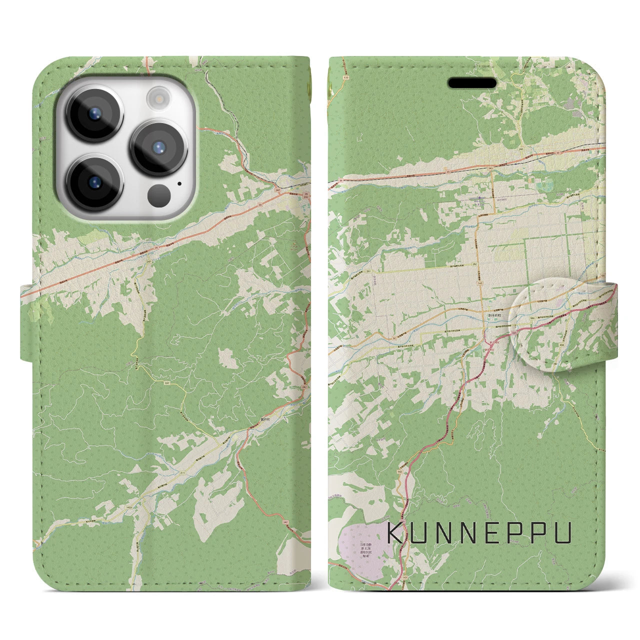 【訓子府(北海道)】地図柄iPhoneケース(手帳タイプ)ナチュラル・iPhone 14 Pro 用