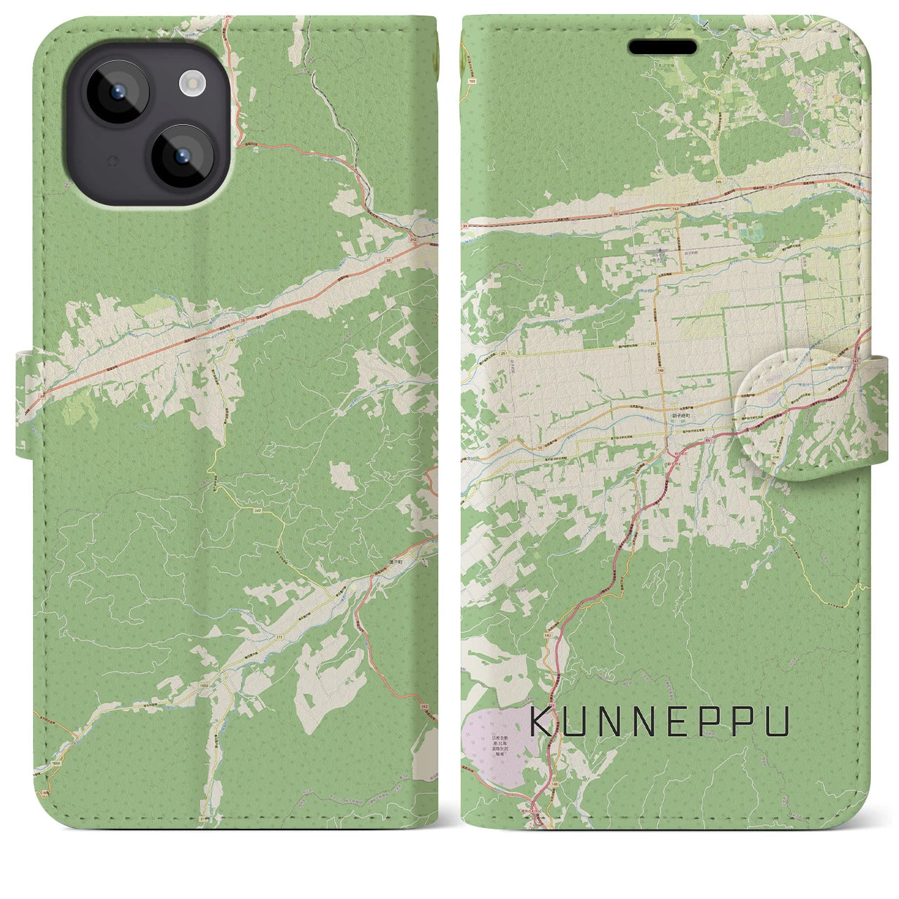 【訓子府(北海道)】地図柄iPhoneケース(手帳タイプ)ナチュラル・iPhone 14 Plus 用