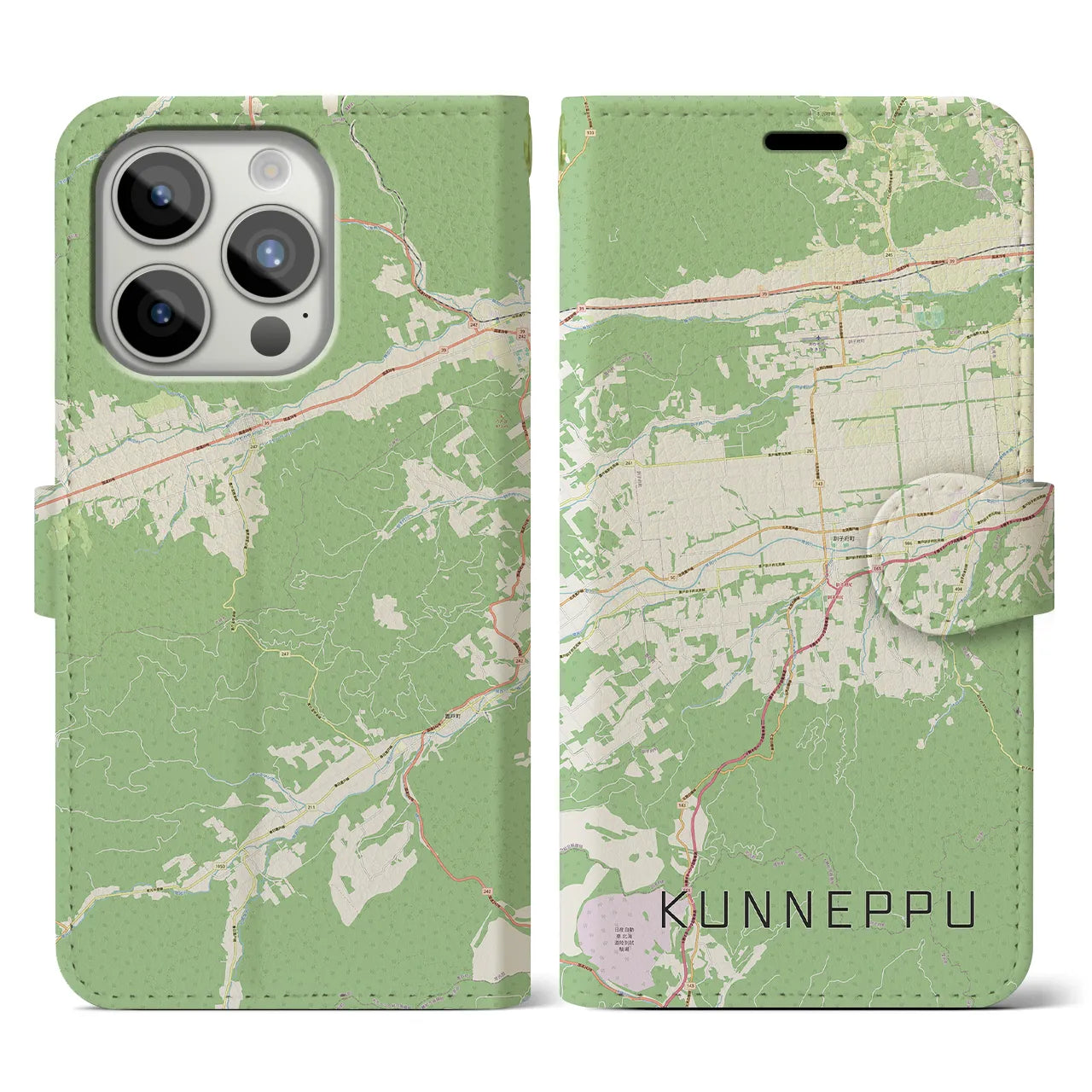 【訓子府(北海道)】地図柄iPhoneケース(手帳タイプ)ナチュラル・iPhone 15 Pro 用