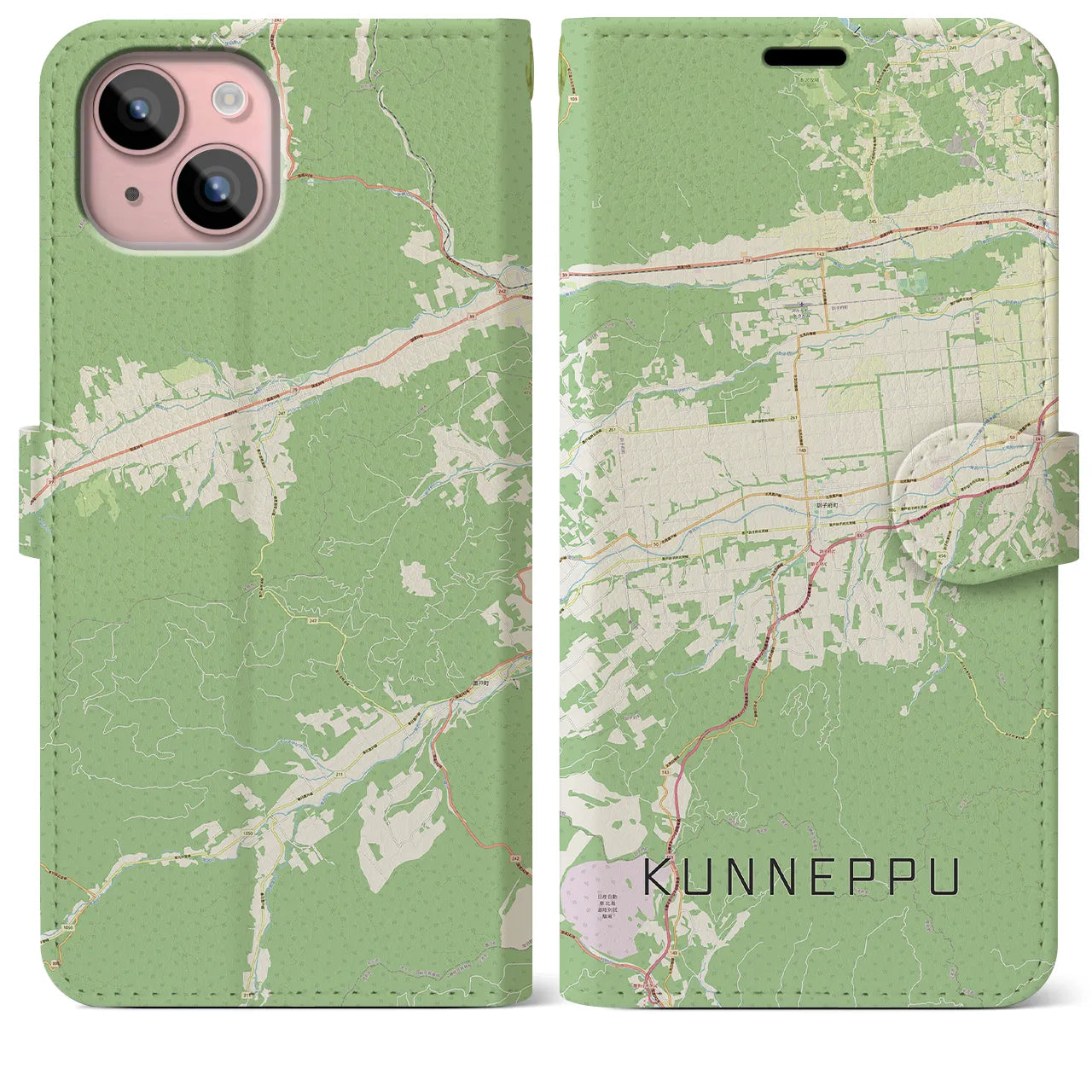 【訓子府(北海道)】地図柄iPhoneケース(手帳タイプ)ナチュラル・iPhone 15 Plus 用