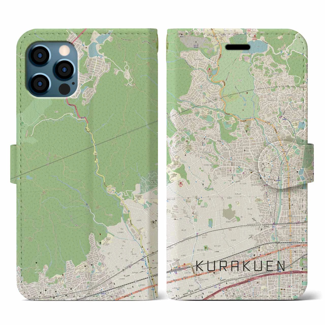 【苦楽園(兵庫県)】地図柄iPhoneケース(手帳タイプ)ナチュラル・iPhone 12 / 12 Pro 用