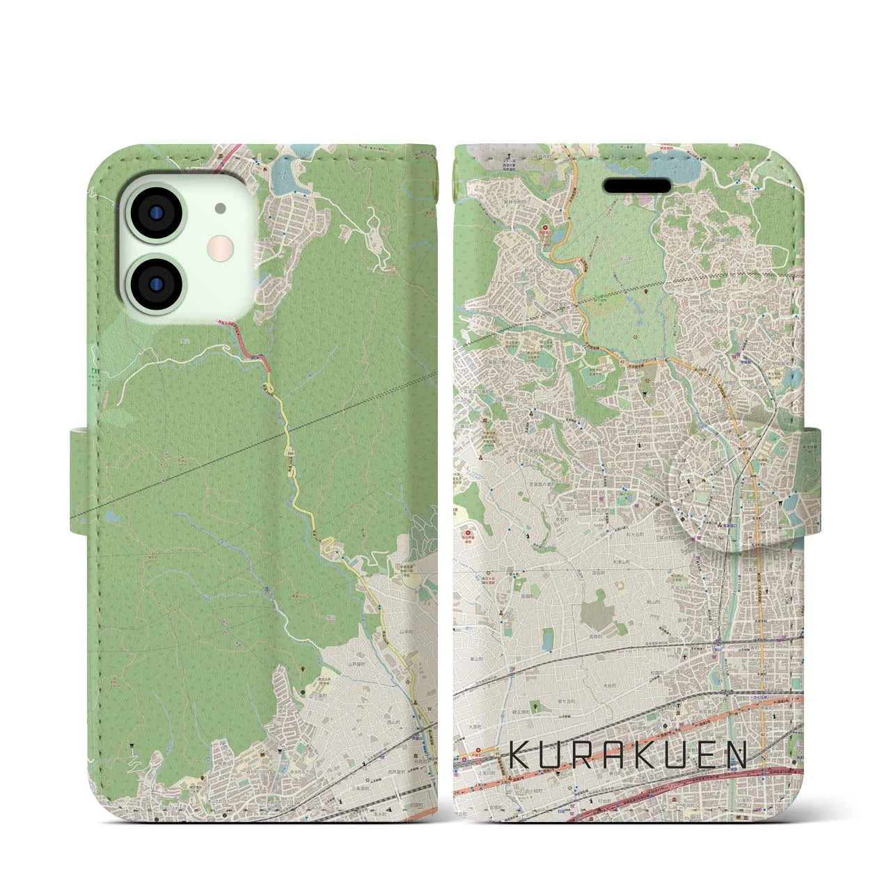 【苦楽園(兵庫県)】地図柄iPhoneケース(手帳タイプ)ナチュラル・iPhone 12 mini 用