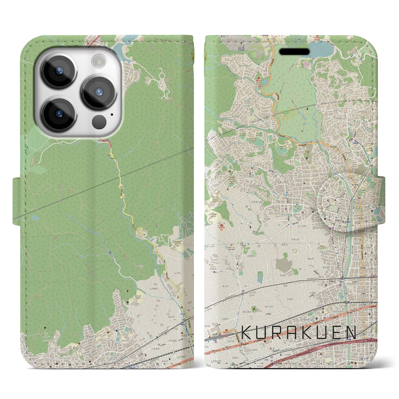 【苦楽園(兵庫県)】地図柄iPhoneケース(手帳タイプ)ナチュラル・iPhone 14 Pro 用