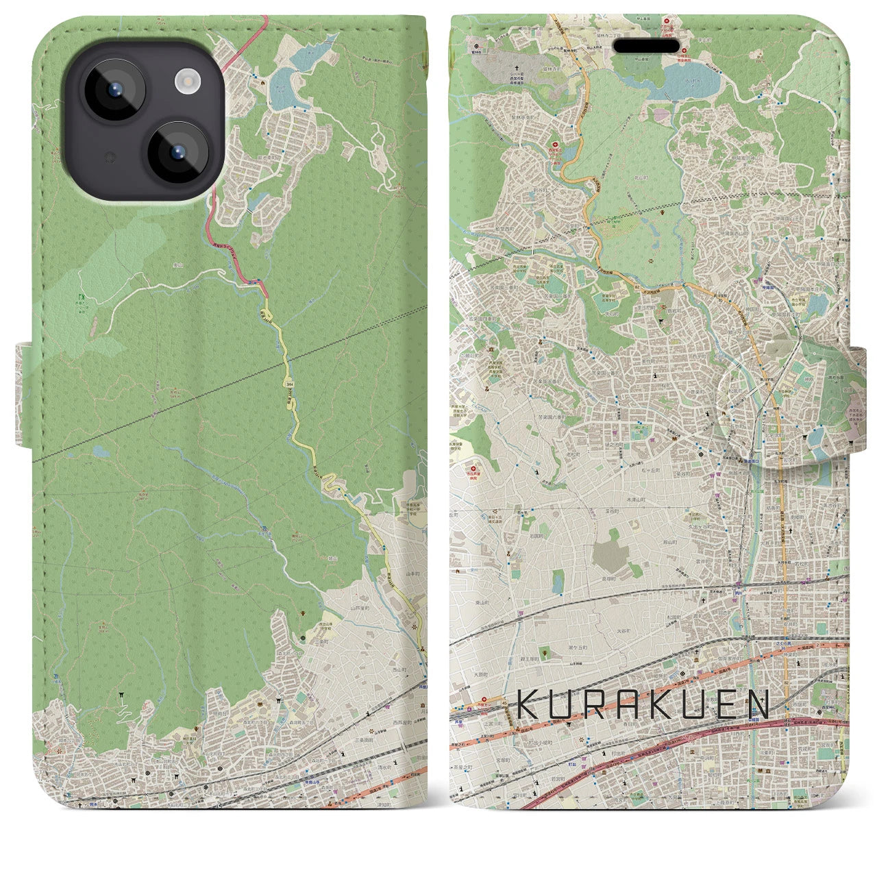 【苦楽園(兵庫県)】地図柄iPhoneケース(手帳タイプ)ナチュラル・iPhone 14 Plus 用