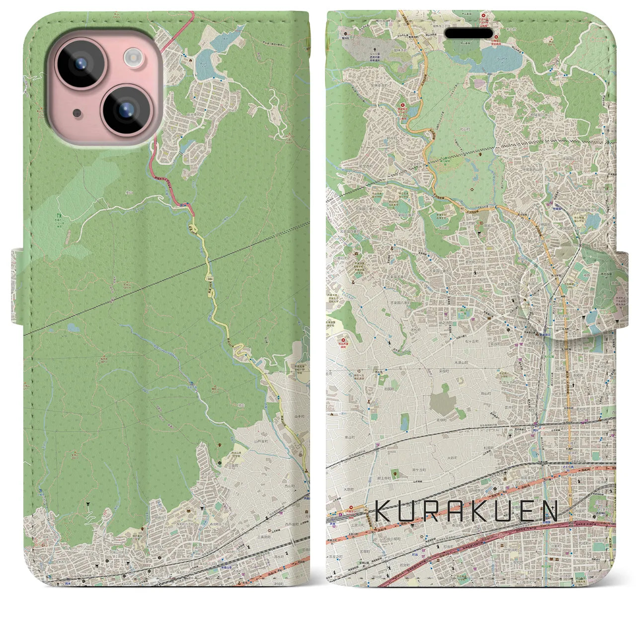 【苦楽園(兵庫県)】地図柄iPhoneケース(手帳タイプ)ナチュラル・iPhone 15 Plus 用