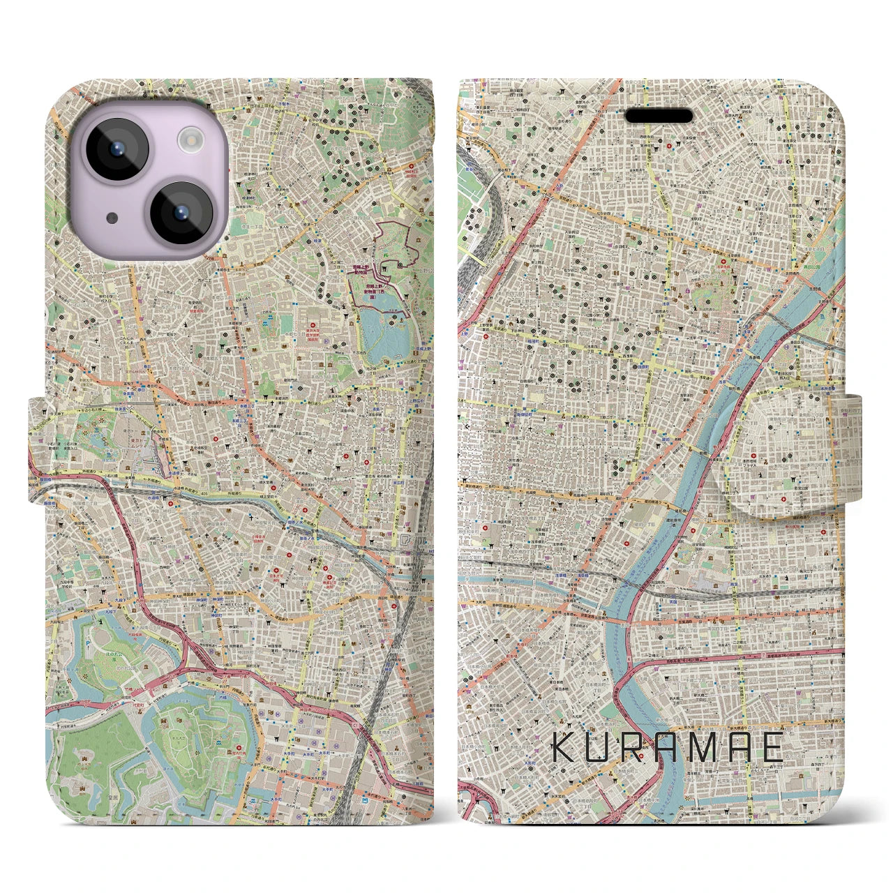 【蔵前(東京都)】地図柄iPhoneケース(手帳タイプ)ナチュラル・iPhone 14 用