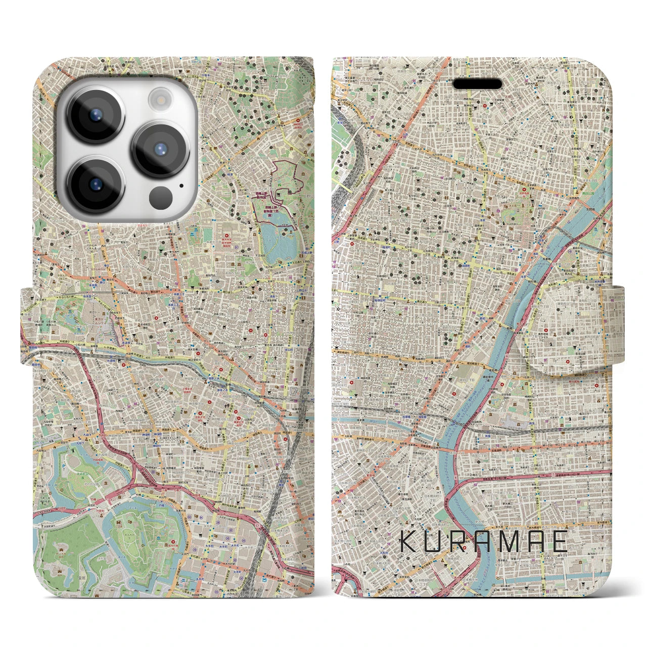 【蔵前(東京都)】地図柄iPhoneケース(手帳タイプ)ナチュラル・iPhone 14 Pro 用
