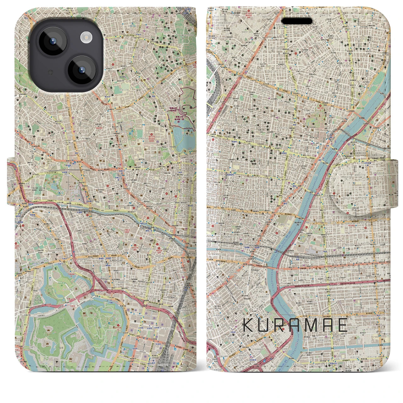 【蔵前(東京都)】地図柄iPhoneケース(手帳タイプ)ナチュラル・iPhone 14 Plus 用