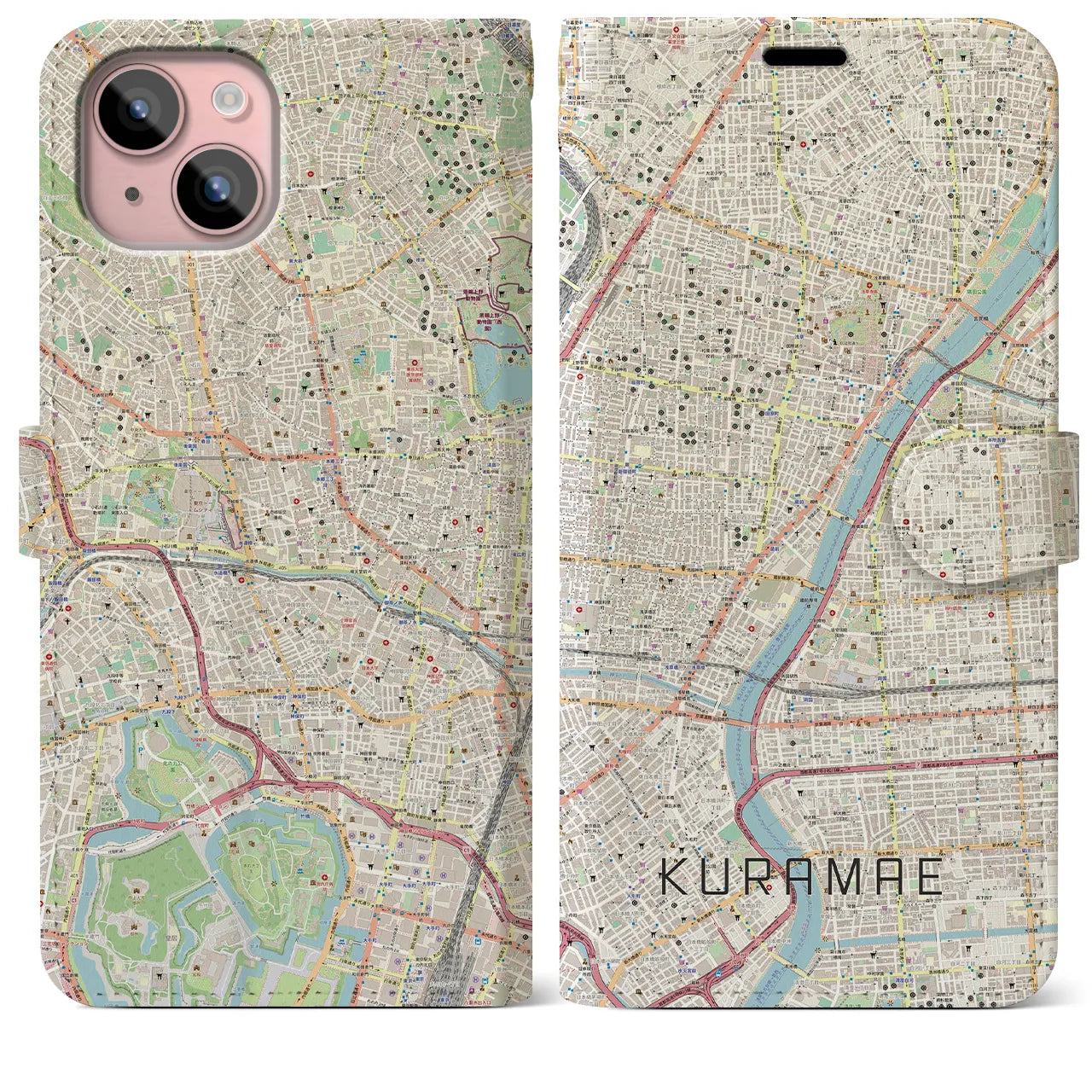 【蔵前(東京都)】地図柄iPhoneケース(手帳タイプ)ナチュラル・iPhone 15 Plus 用
