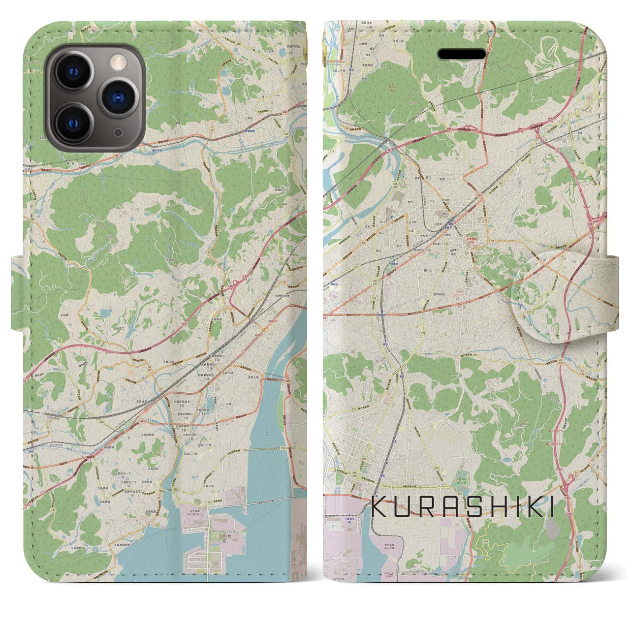 【倉敷(岡山県)】地図柄iPhoneケース(手帳タイプ)ナチュラル・iPhone 11 Pro Max 用