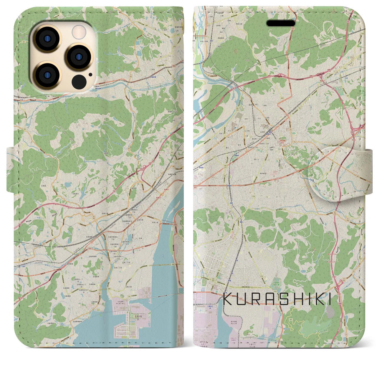 【倉敷(岡山県)】地図柄iPhoneケース(手帳タイプ)ナチュラル・iPhone 12 Pro Max 用