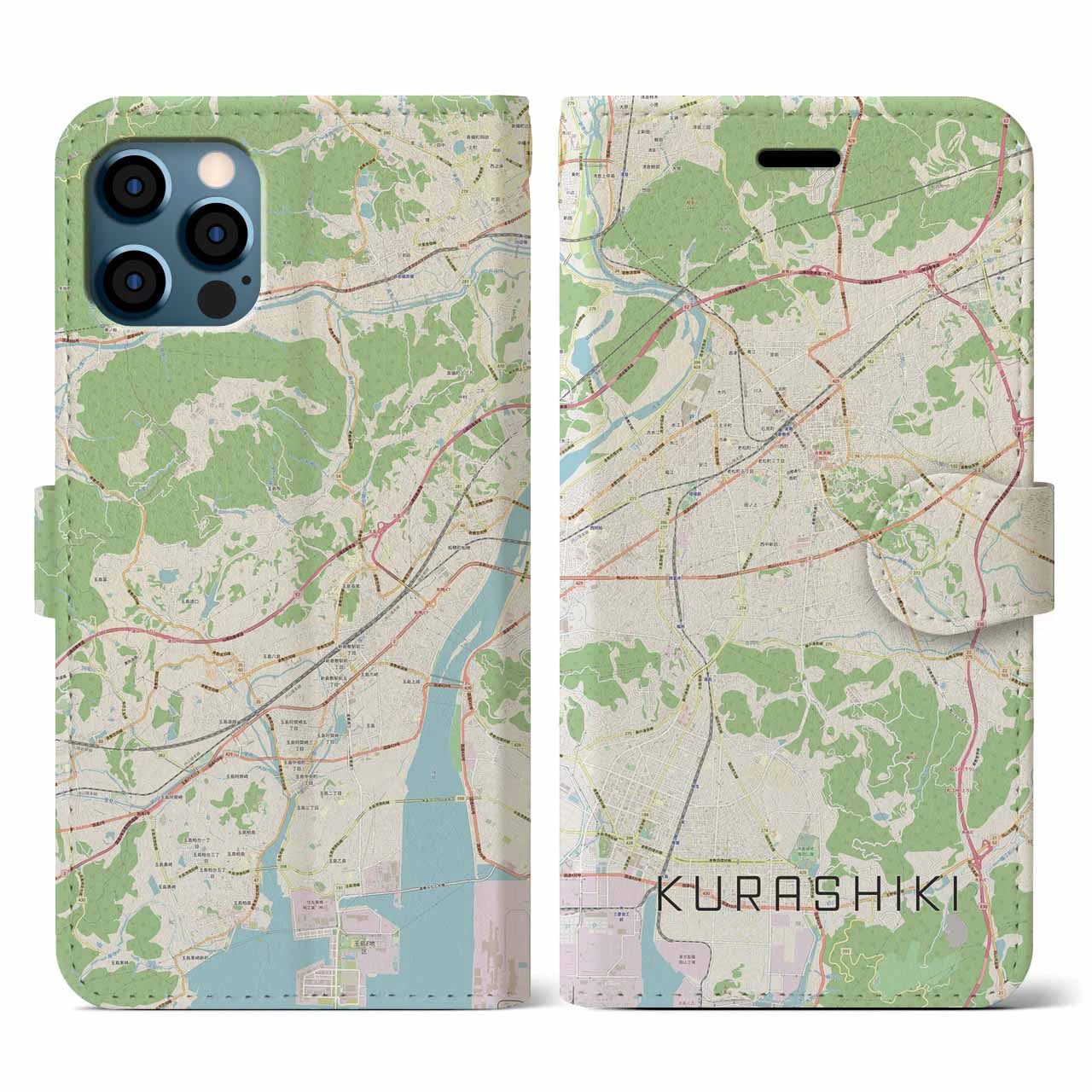 【倉敷(岡山県)】地図柄iPhoneケース(手帳タイプ)ナチュラル・iPhone 12 / 12 Pro 用