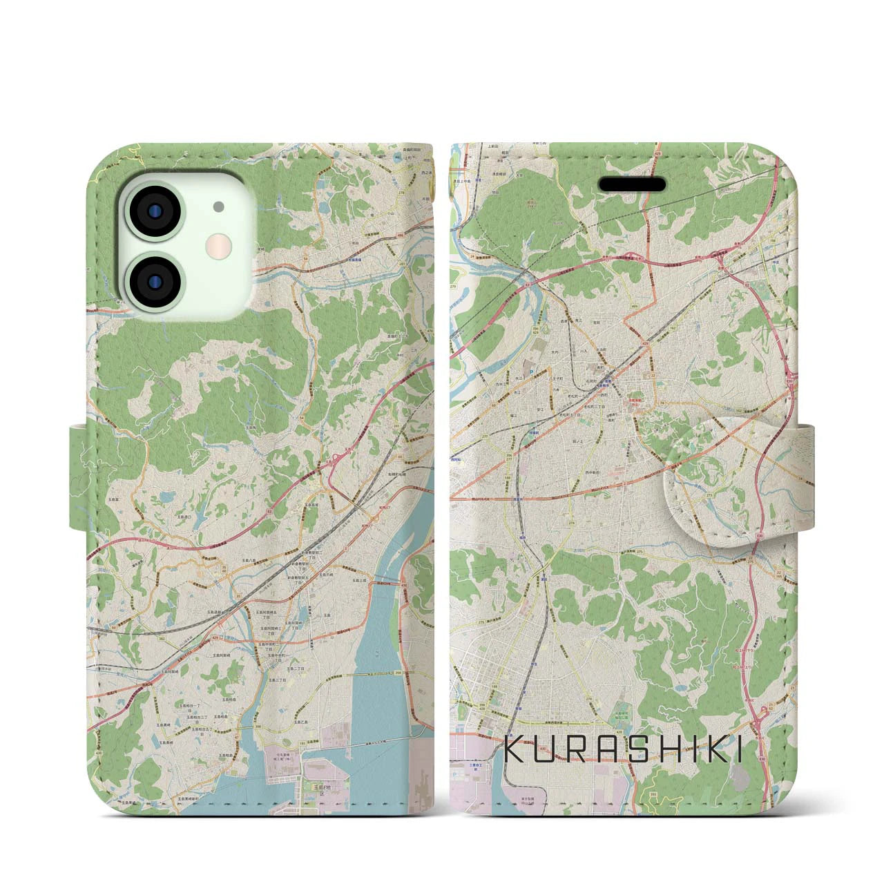 【倉敷(岡山県)】地図柄iPhoneケース(手帳タイプ)ナチュラル・iPhone 12 mini 用