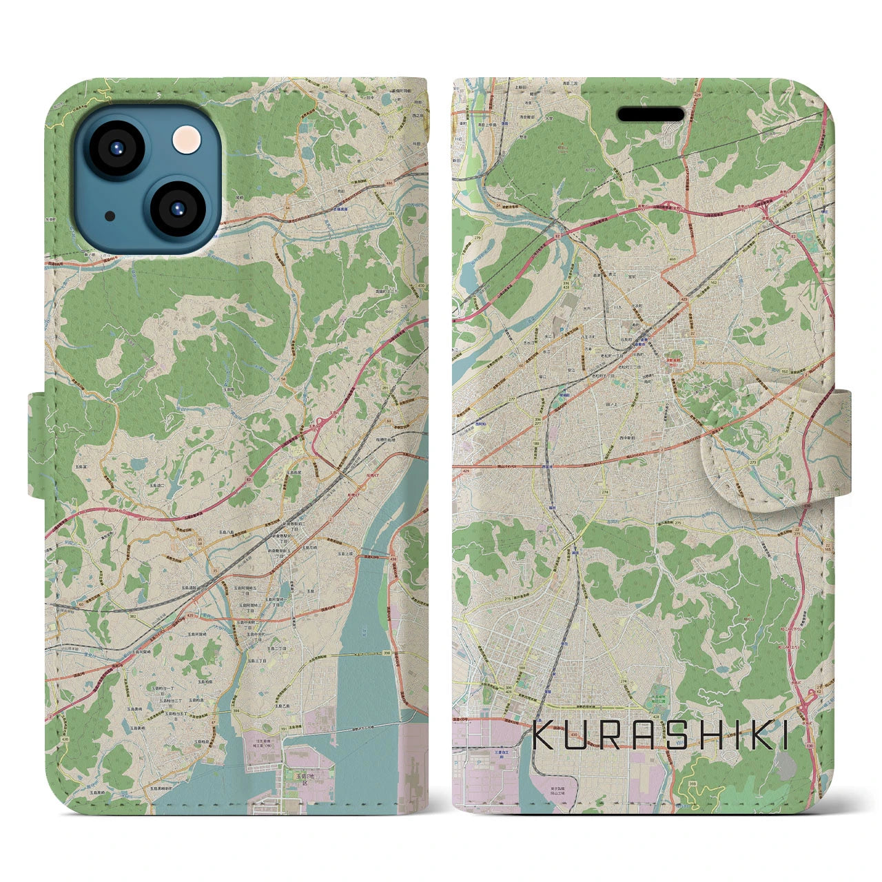 【倉敷(岡山県)】地図柄iPhoneケース(手帳タイプ)ナチュラル・iPhone 13 用
