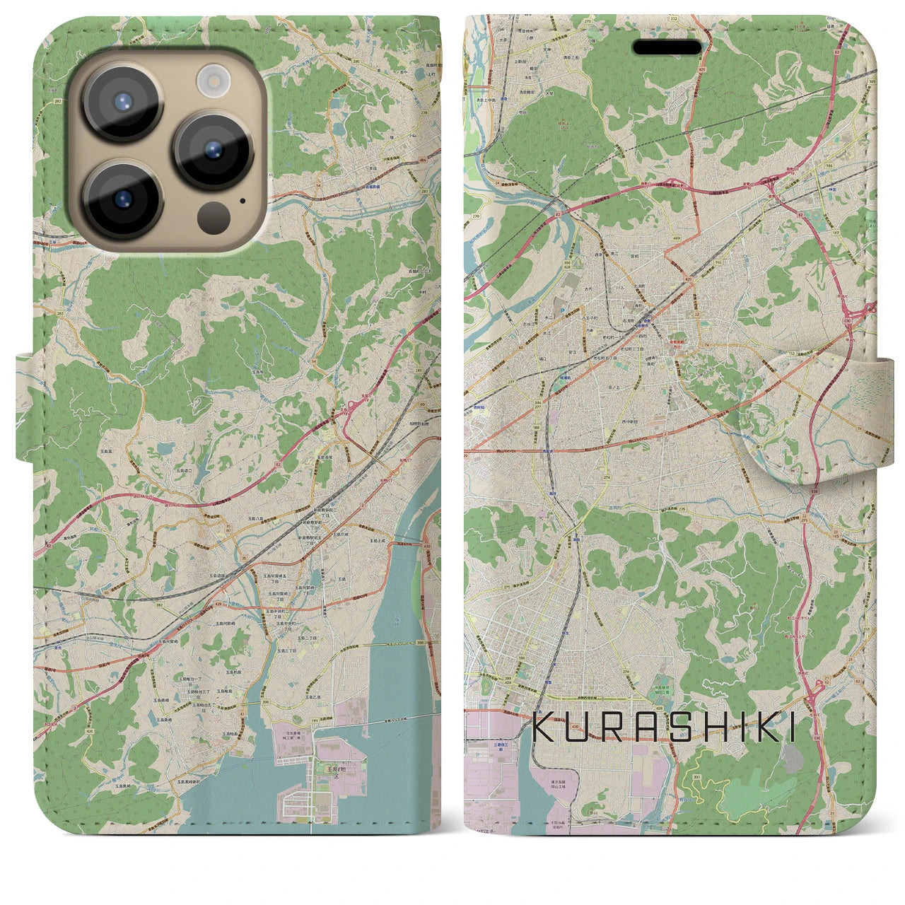 【倉敷(岡山県)】地図柄iPhoneケース(手帳タイプ)ナチュラル・iPhone 14 Pro Max 用