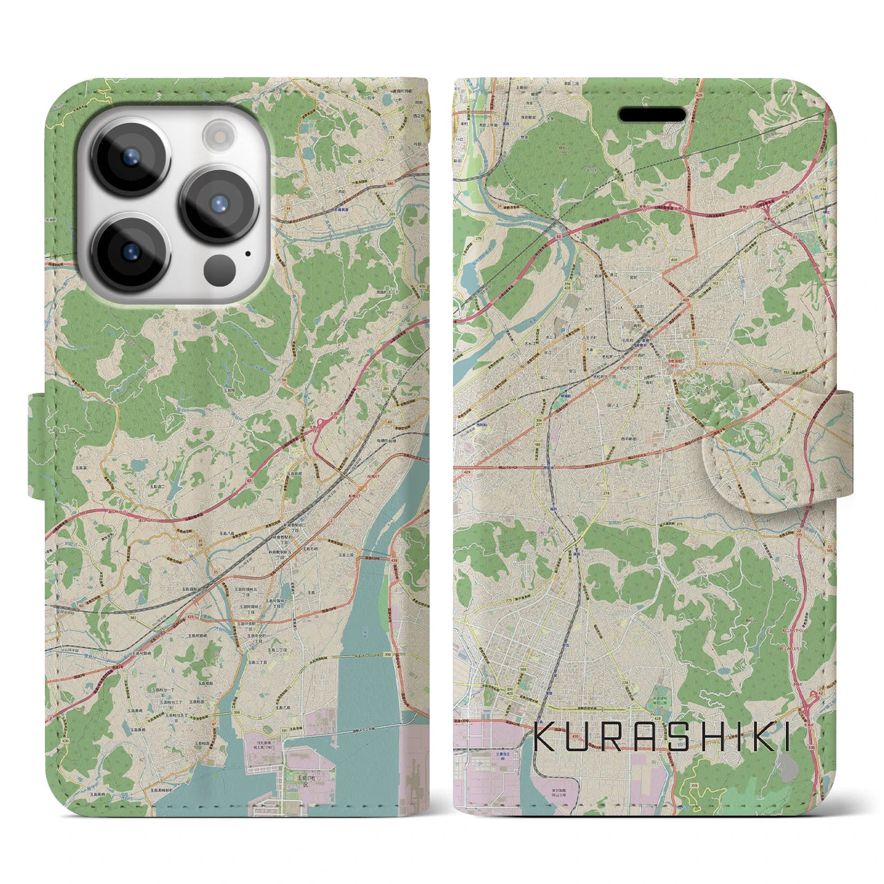 【倉敷(岡山県)】地図柄iPhoneケース(手帳タイプ)ナチュラル・iPhone 14 Pro 用