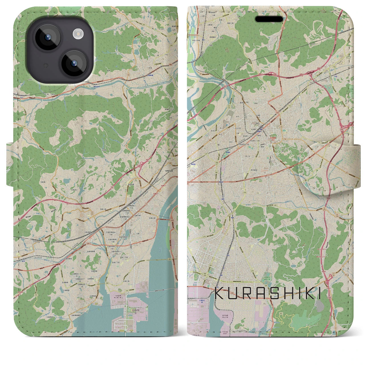 【倉敷(岡山県)】地図柄iPhoneケース(手帳タイプ)ナチュラル・iPhone 14 Plus 用