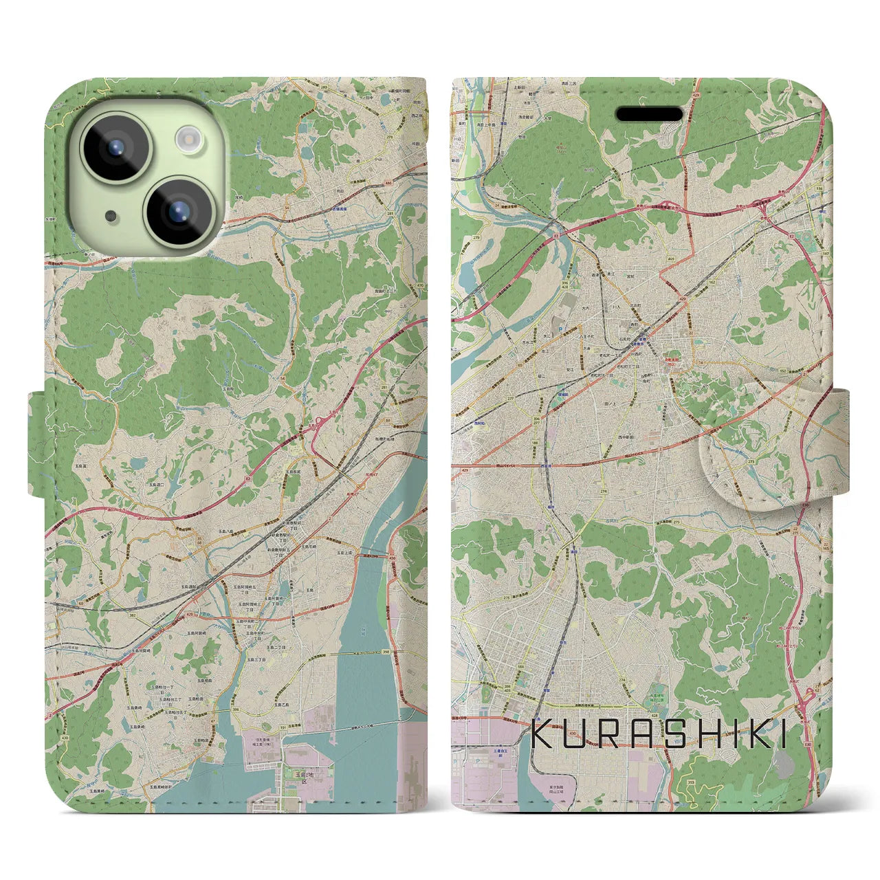 【倉敷(岡山県)】地図柄iPhoneケース(手帳タイプ)ナチュラル・iPhone 15 用