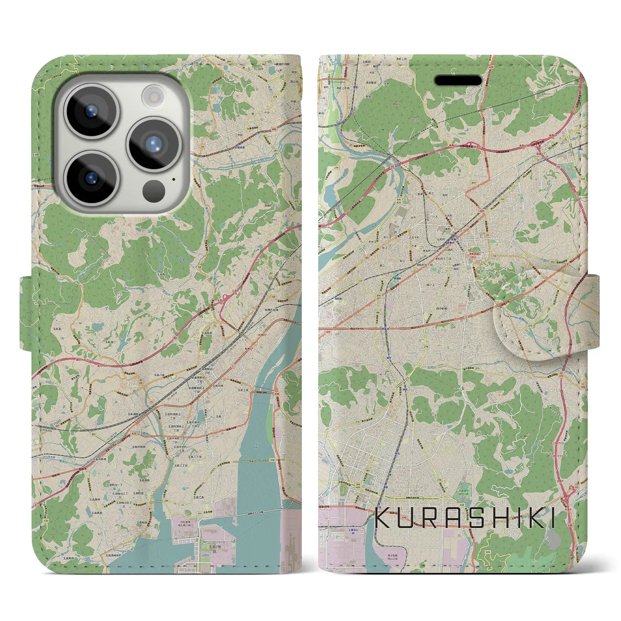【倉敷(岡山県)】地図柄iPhoneケース(手帳タイプ)ナチュラル・iPhone 15 Pro 用
