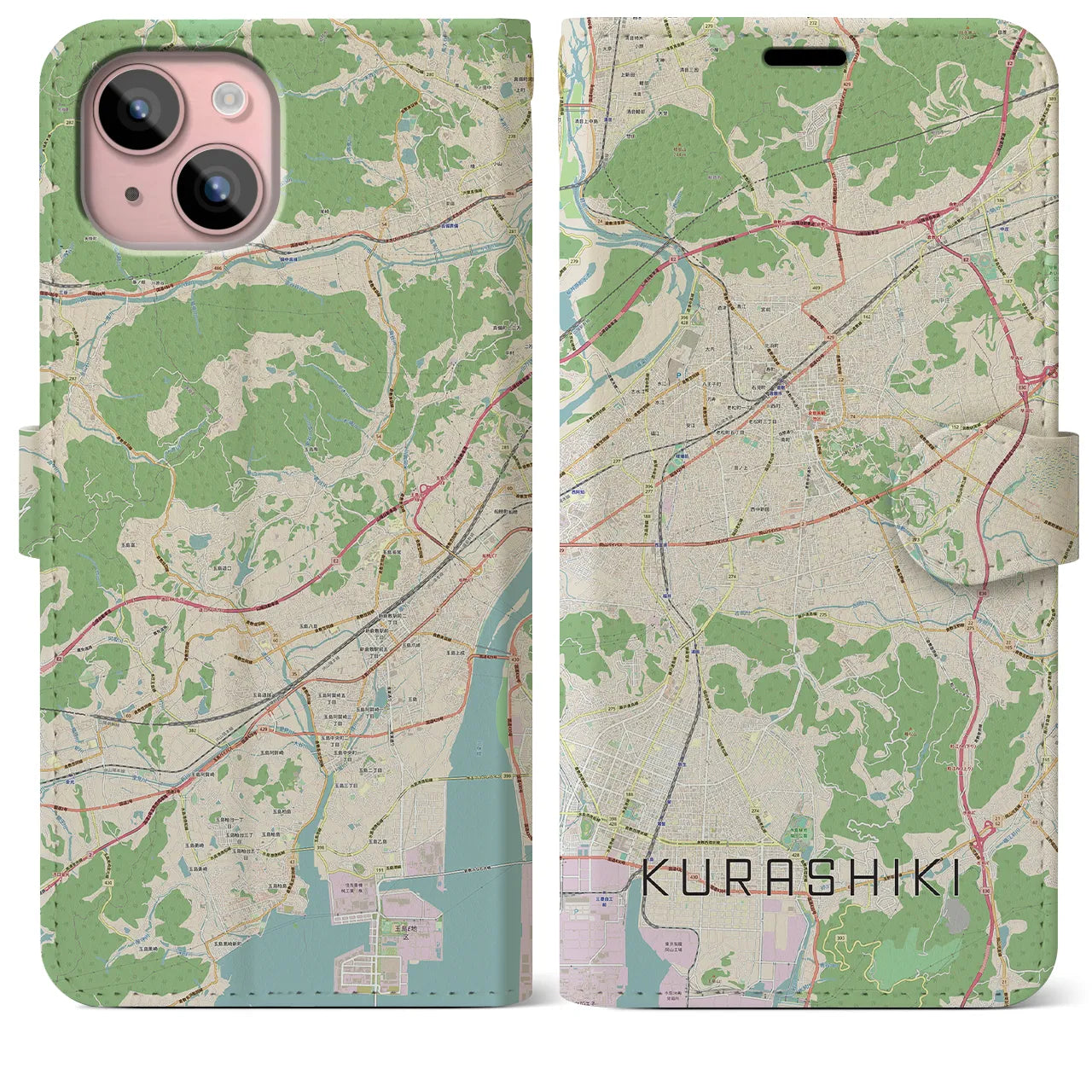 【倉敷(岡山県)】地図柄iPhoneケース(手帳タイプ)ナチュラル・iPhone 15 Plus 用