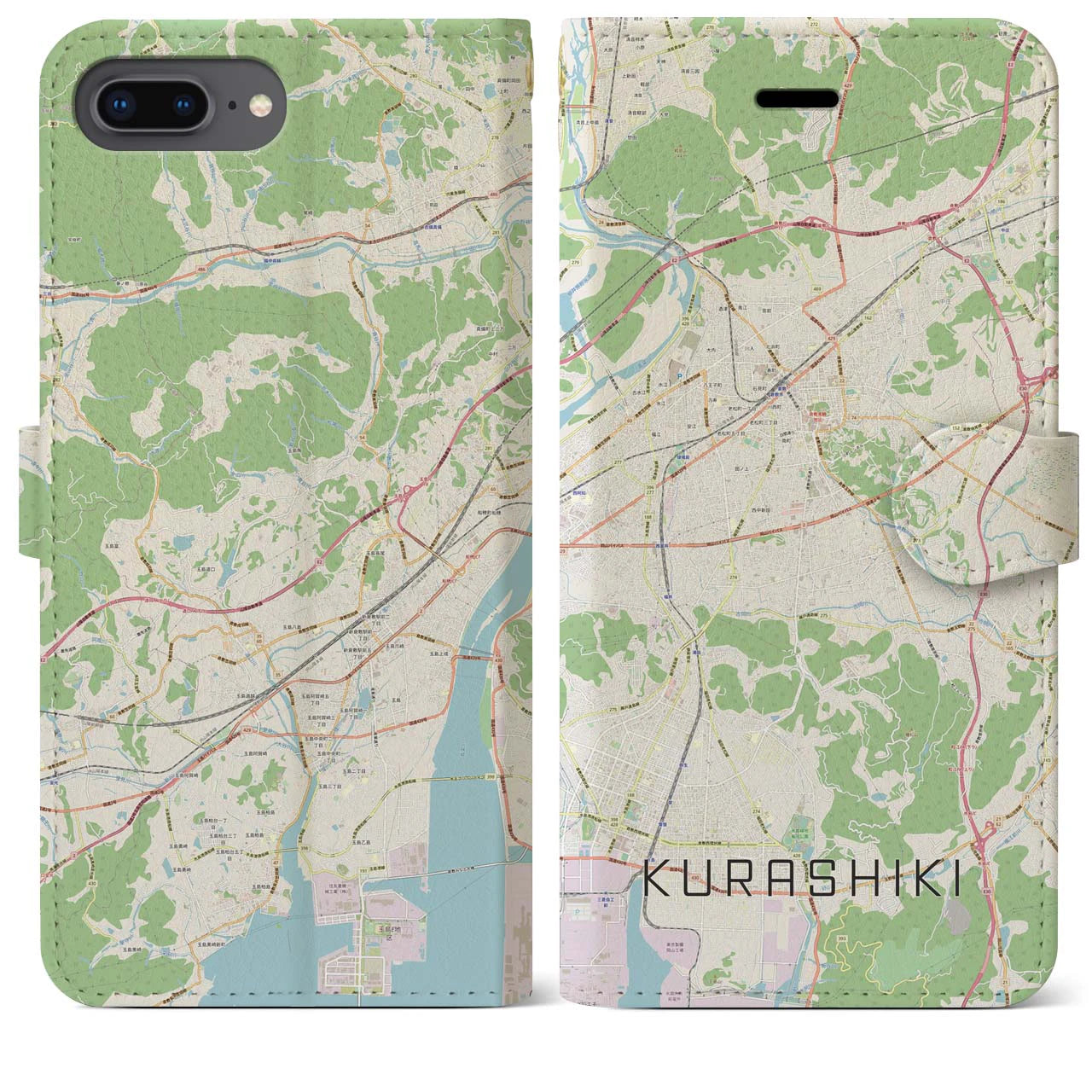 【倉敷(岡山県)】地図柄iPhoneケース(手帳タイプ)ナチュラル・iPhone 8Plus /7Plus / 6sPlus / 6Plus 用