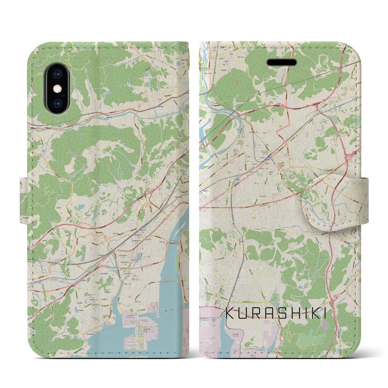 【倉敷(岡山県)】地図柄iPhoneケース(手帳タイプ)ナチュラル・iPhone XS / X 用