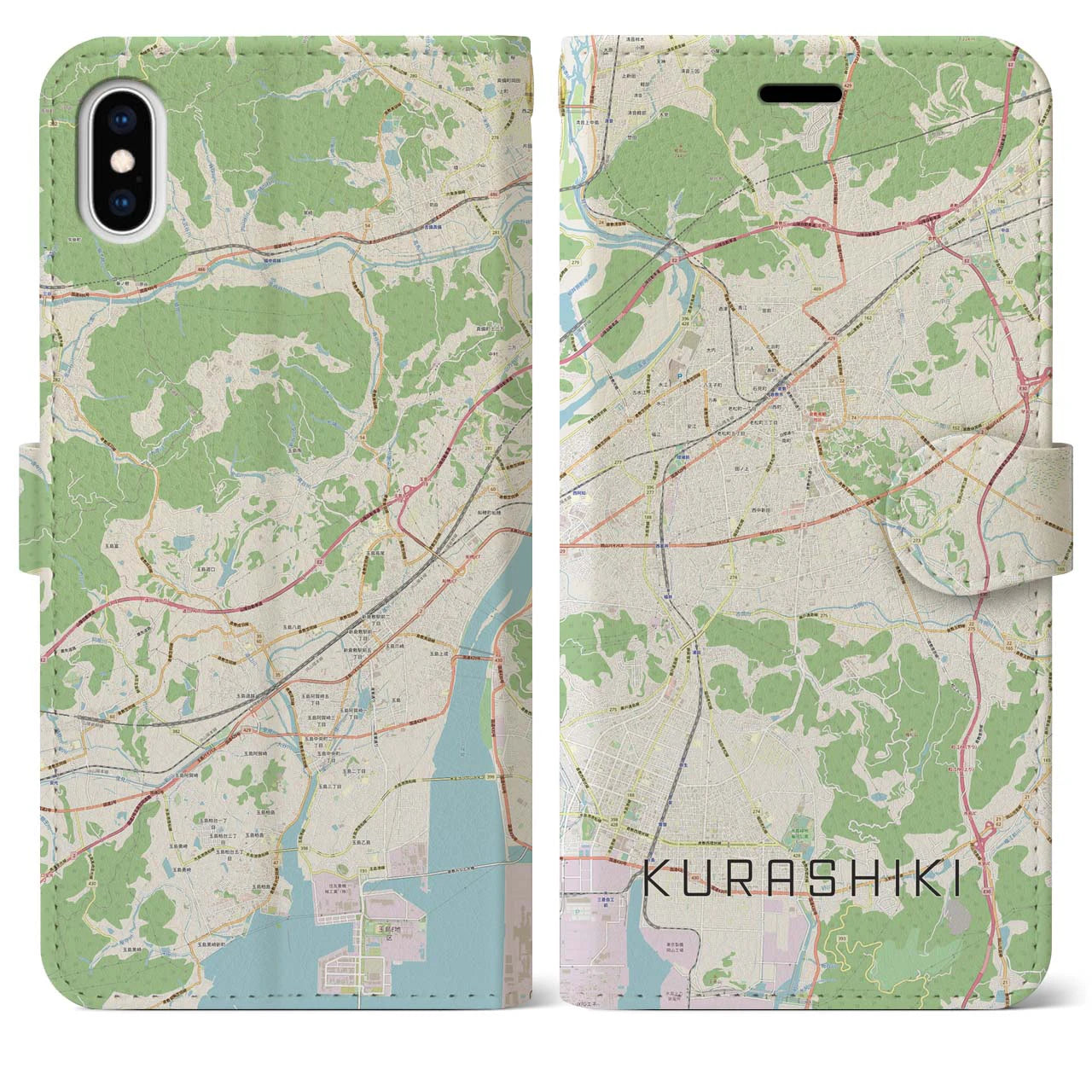 【倉敷(岡山県)】地図柄iPhoneケース(手帳タイプ)ナチュラル・iPhone XS Max 用