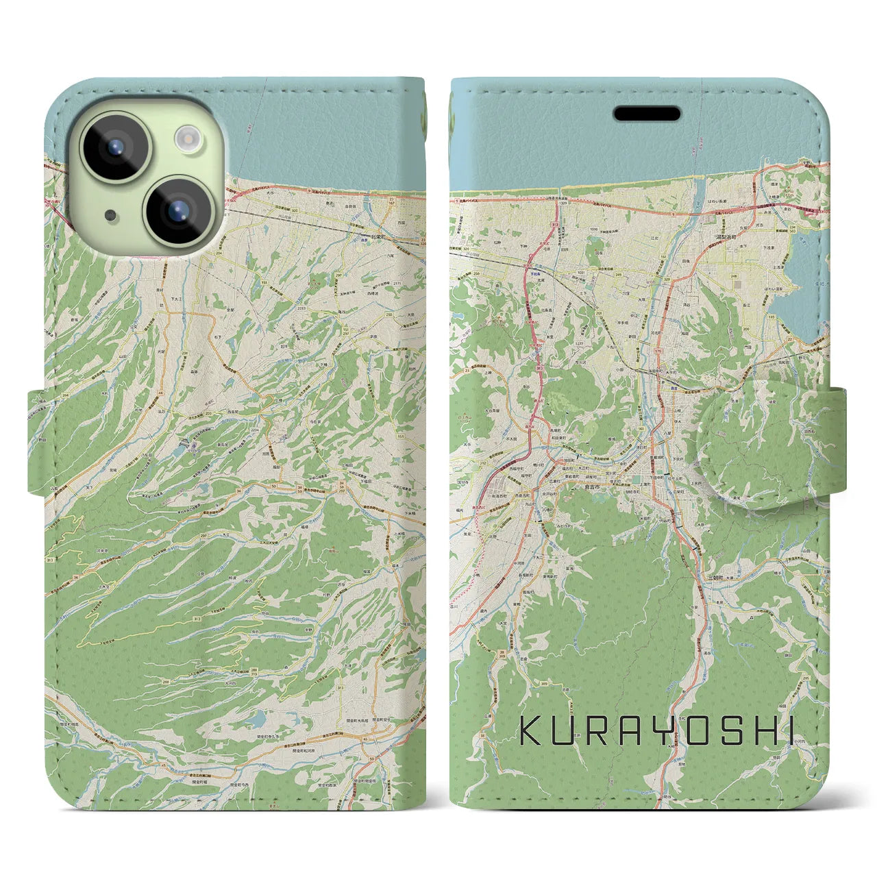 【倉吉(鳥取県)】地図柄iPhoneケース(手帳タイプ)ナチュラル・iPhone 15 用