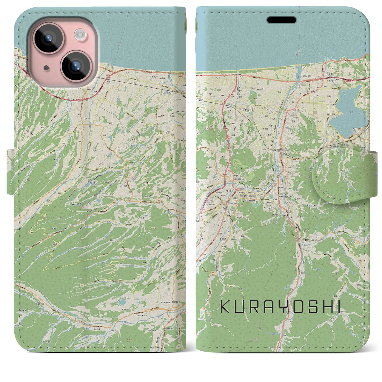 【倉吉(鳥取県)】地図柄iPhoneケース(手帳タイプ)ナチュラル・iPhone 15 Plus 用