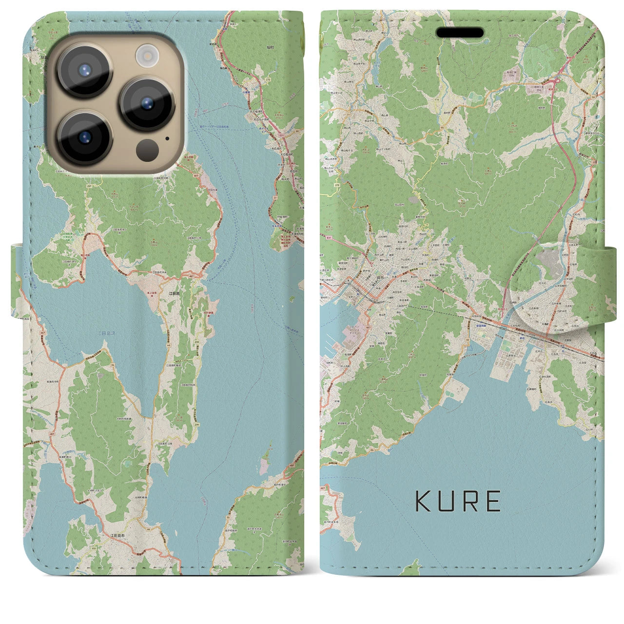 【呉(広島県)】地図柄iPhoneケース(手帳タイプ)ナチュラル・iPhone 14 Pro Max 用
