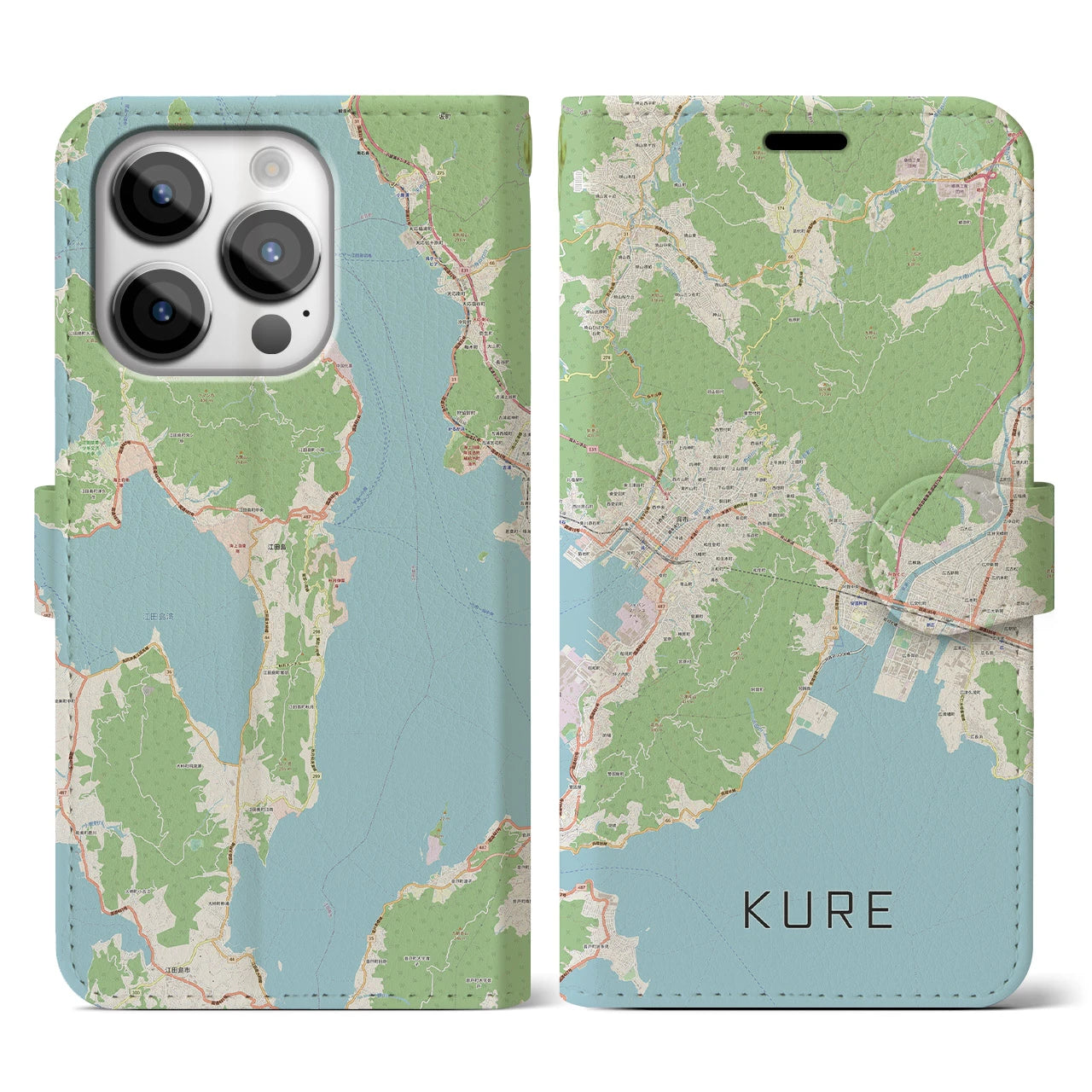 【呉(広島県)】地図柄iPhoneケース(手帳タイプ)ナチュラル・iPhone 14 Pro 用