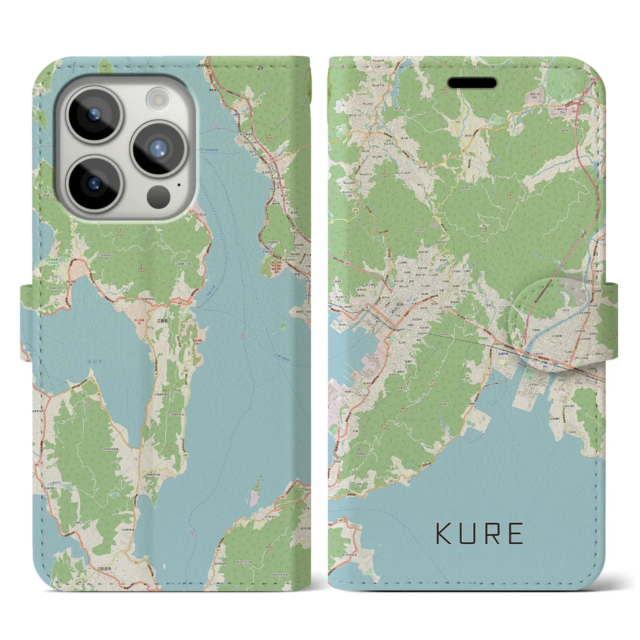 【呉(広島県)】地図柄iPhoneケース(手帳タイプ)ナチュラル・iPhone 15 Pro 用