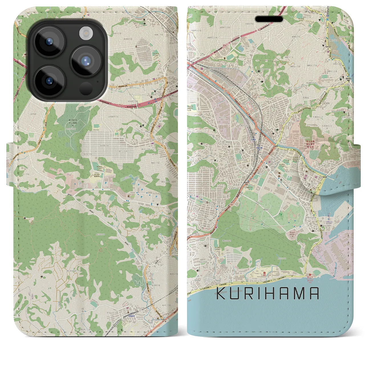 【久里浜(神奈川県)】地図柄iPhoneケース(手帳タイプ)ナチュラル・iPhone 15 Pro Max 用