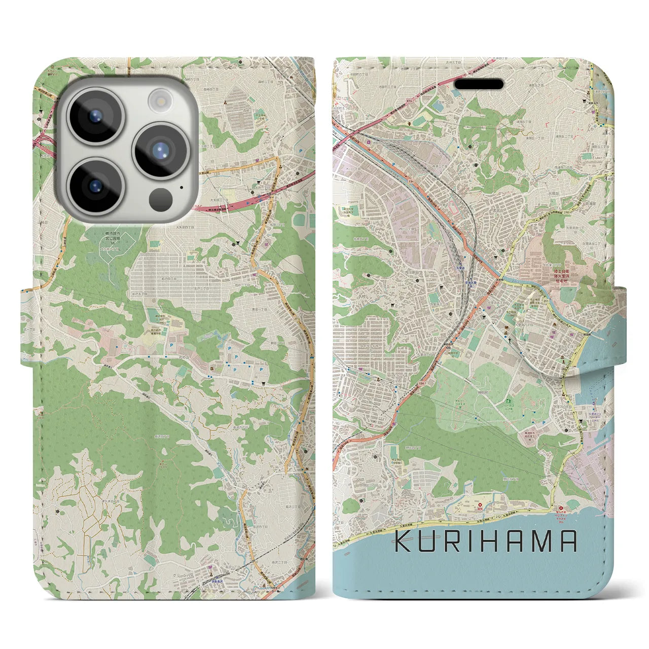 【久里浜(神奈川県)】地図柄iPhoneケース(手帳タイプ)ナチュラル・iPhone 15 Pro 用