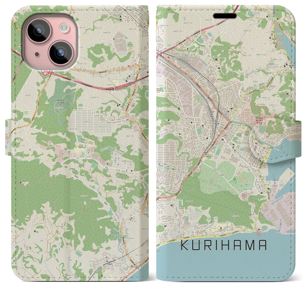 【久里浜(神奈川県)】地図柄iPhoneケース(手帳タイプ)ナチュラル・iPhone 15 Plus 用