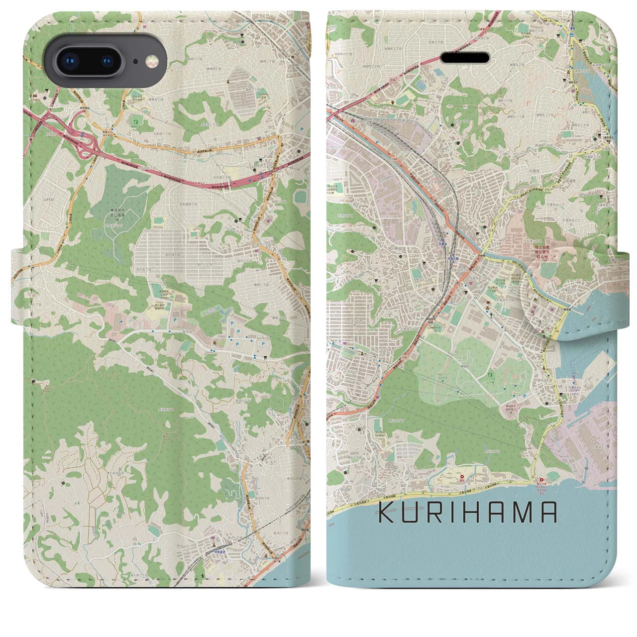 【久里浜(神奈川県)】地図柄iPhoneケース(手帳タイプ)ナチュラル・iPhone 8Plus /7Plus / 6sPlus / 6Plus 用