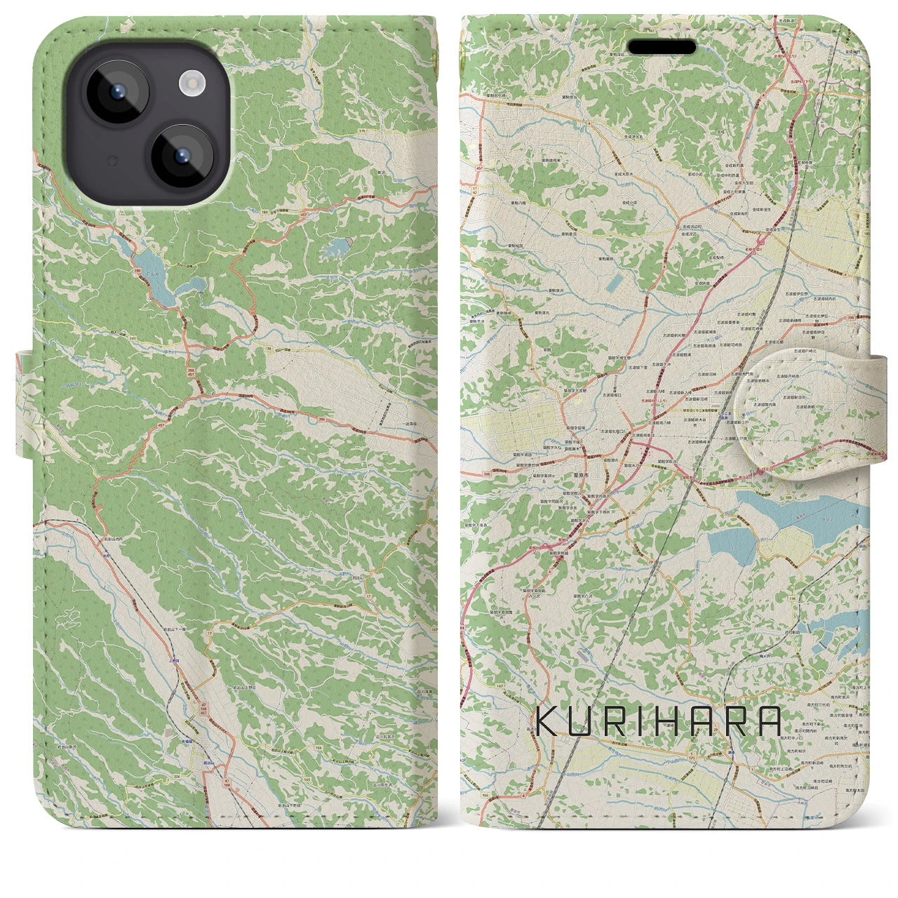 【栗原(宮城県)】地図柄iPhoneケース(手帳タイプ)ナチュラル・iPhone 14 Plus 用