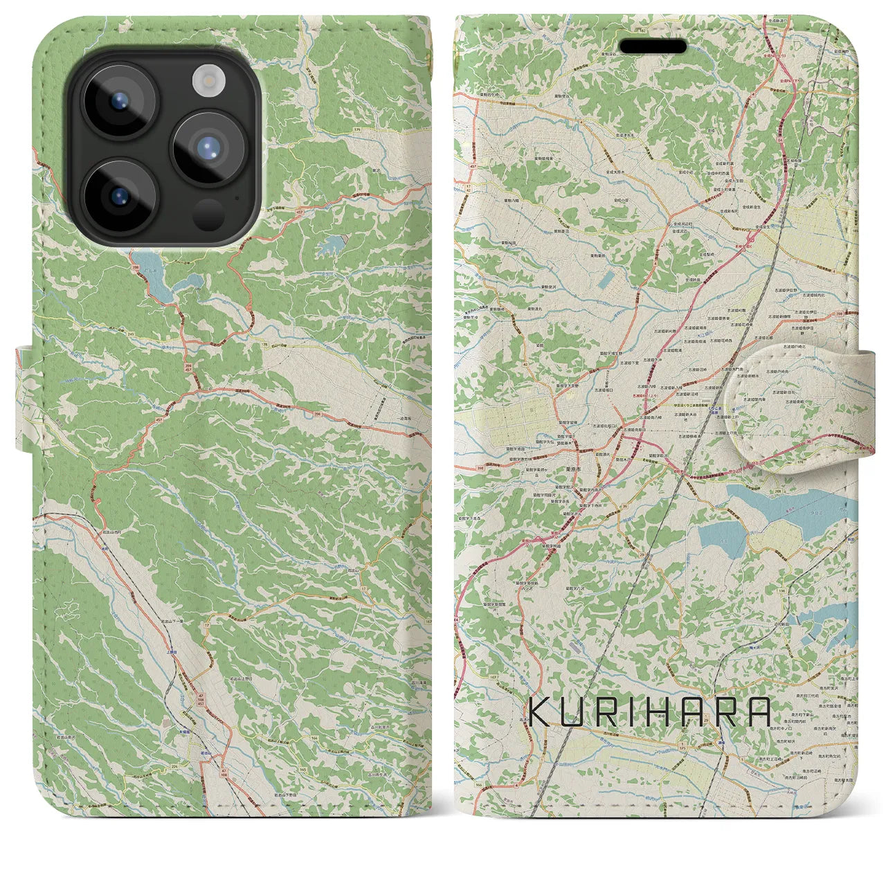 【栗原(宮城県)】地図柄iPhoneケース(手帳タイプ)ナチュラル・iPhone 15 Pro Max 用