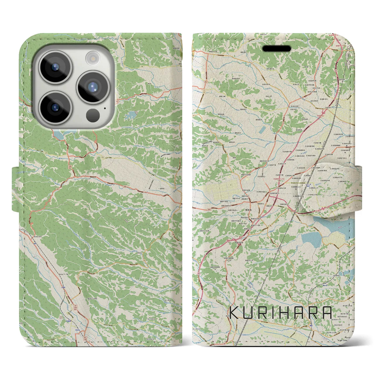 【栗原(宮城県)】地図柄iPhoneケース(手帳タイプ)ナチュラル・iPhone 15 Pro 用