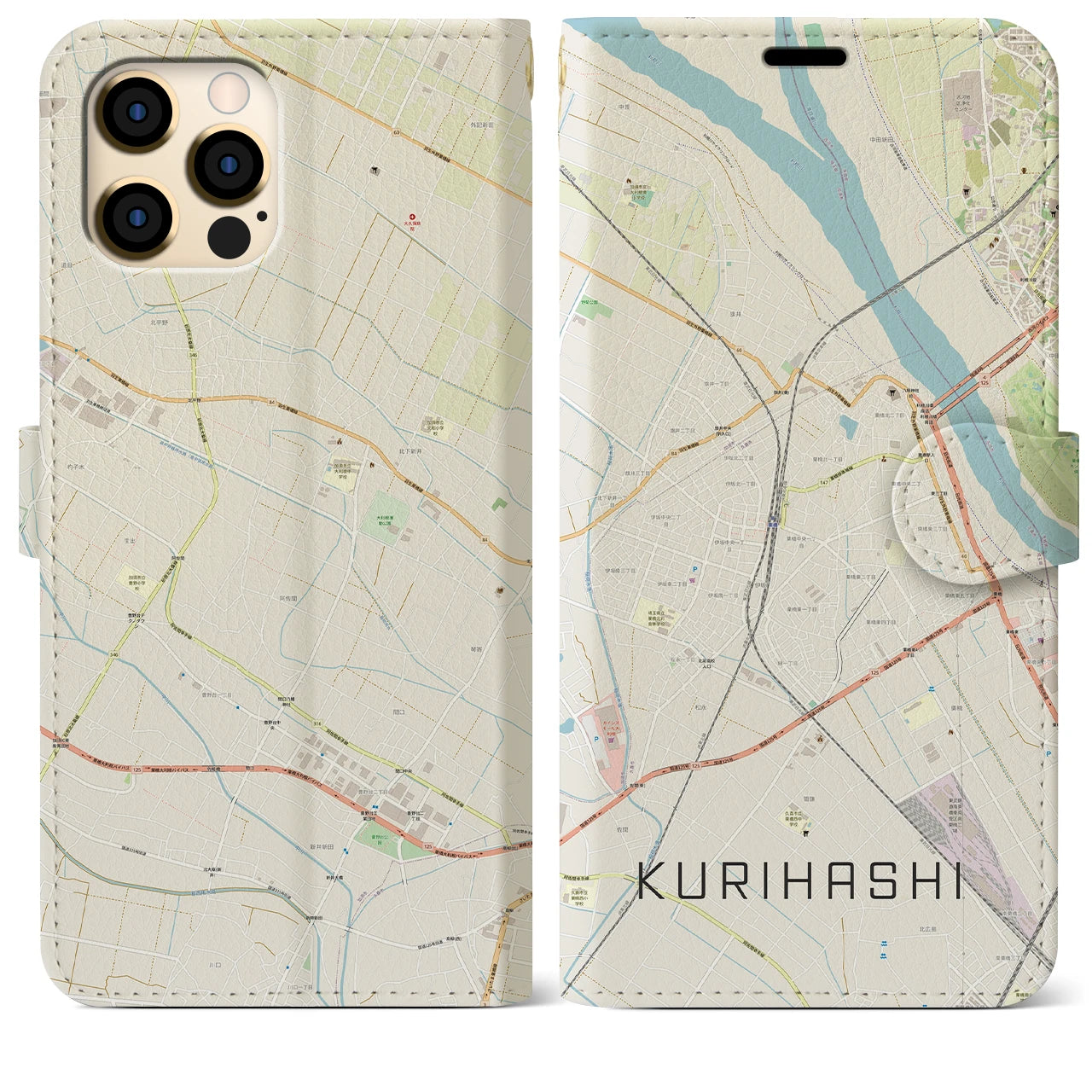 【栗橋(埼玉県)】地図柄iPhoneケース(手帳タイプ)ナチュラル・iPhone 12 Pro Max 用