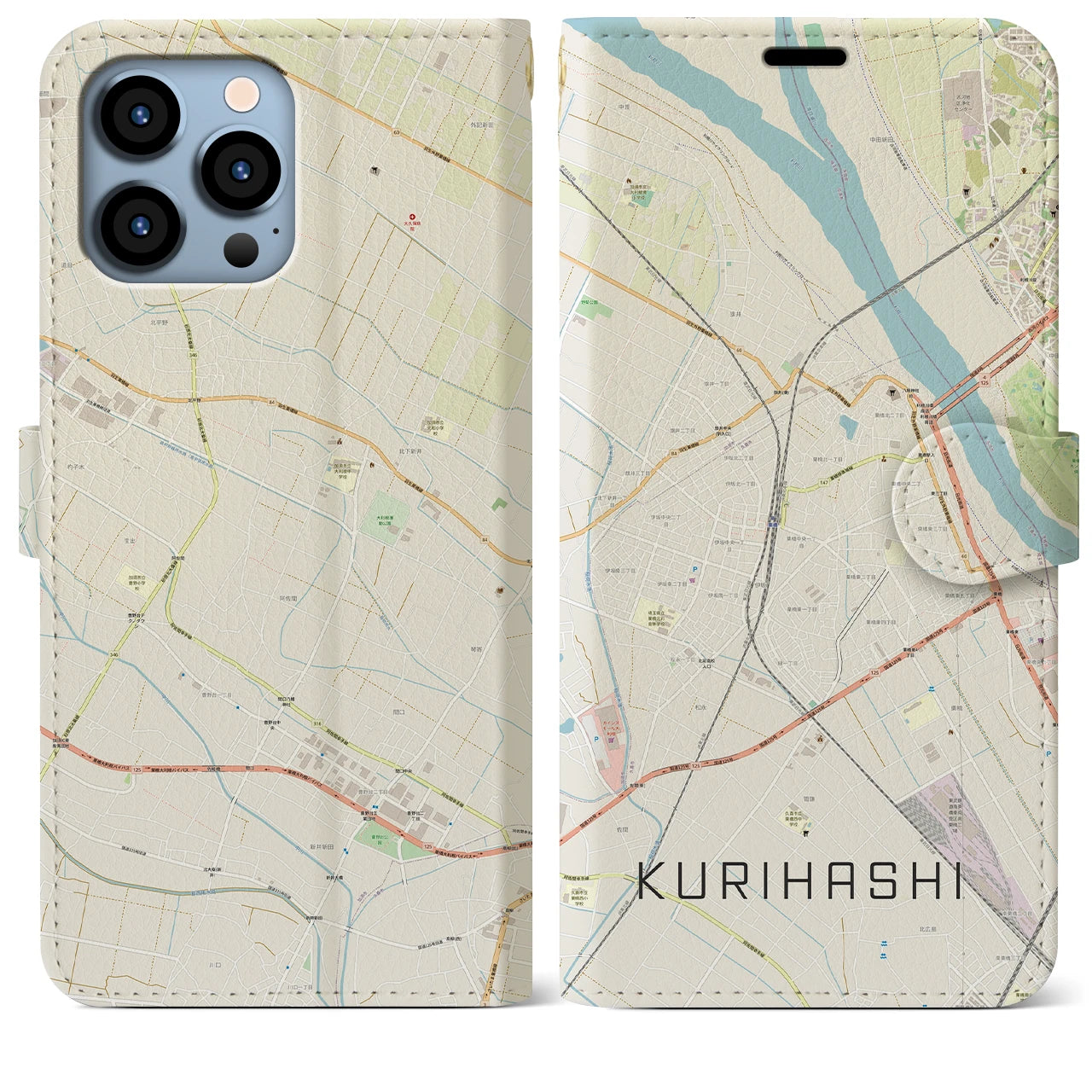 【栗橋(埼玉県)】地図柄iPhoneケース(手帳タイプ)ナチュラル・iPhone 13 Pro Max 用