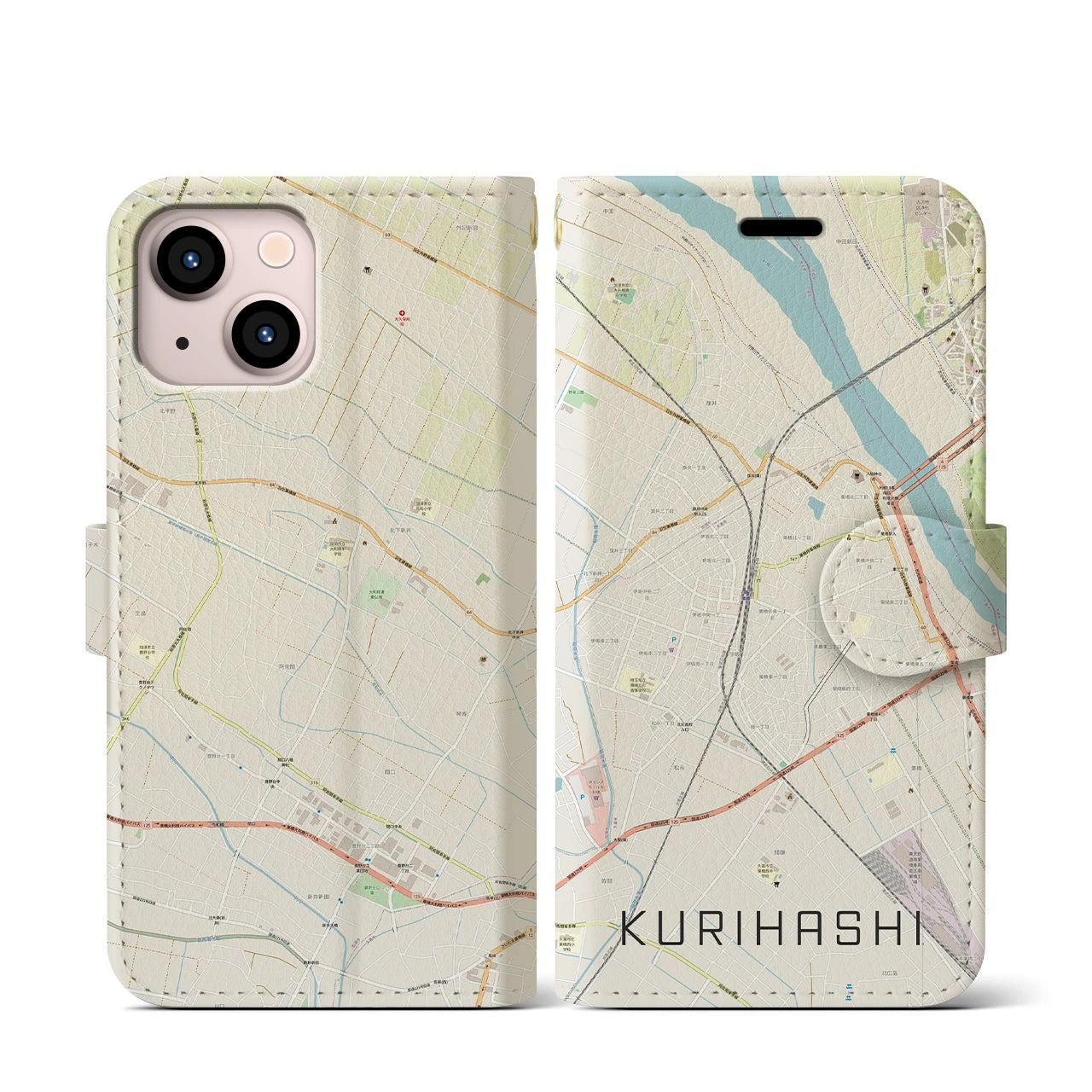 【栗橋(埼玉県)】地図柄iPhoneケース(手帳タイプ)ナチュラル・iPhone 13 mini 用